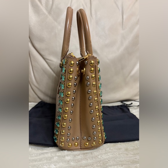 Prada Beige Saffiano Satchel with Turquoise Crystal Studs - Picture 5 of 16